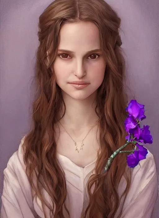 Prompt: well - lit art nouveau face portrait of a 1 3 - year old girl wih resembles natalie portman and emily browning holding a flower, natural lighting, path traced, highly detailed, high quality, cartoon, digital painting, by don bluth and ross tran and studio ghibli