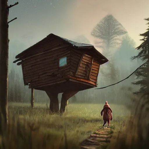 Image similar to woman leaving her wooden broken house by simon stålenhag, very highly detailed, award winning, rendered by Beeple, by Makoto Shinkai, syd meade, starwars, space art concept, digital art, unreal engine, blender, WLOP, trending on artstation, 4K UHD image, octane render