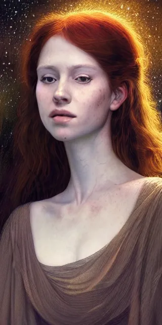 Prompt: amazed and serene young woman, surrounded by firefly lights, full covering intricate detailed dress, amidst nature, long red hair, precise linework, accurate green eyes, small nose with freckles, beautiful smooth oval shape face, empathic, expressive emotions, dramatic lights, hyper realistic ultrafine art by artemisia gentileschi, jessica rossier, boris vallejo