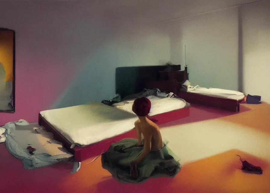 Prompt: beds of shadows, people dreaming in the void empty rooms, piles of clothes from last night, style of Edward Hopper, photography of Todd Hido, Peter Mohrbacher, eerie vibrating color palette of Mark Rothko, Frank Auerbach, Greg Rutkowski, Peter Doig, Adrian Ghenie, color palette of Peter Doig paintings