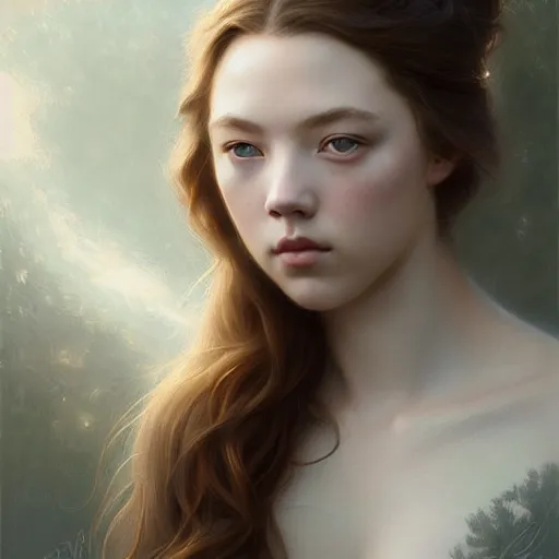 Prompt: beautiful striking Pre-Raphaelite Sydney Sweeney by Artgerm and Greg Rutkowski, pale, intricate, elegant, highly detailed, digital painting