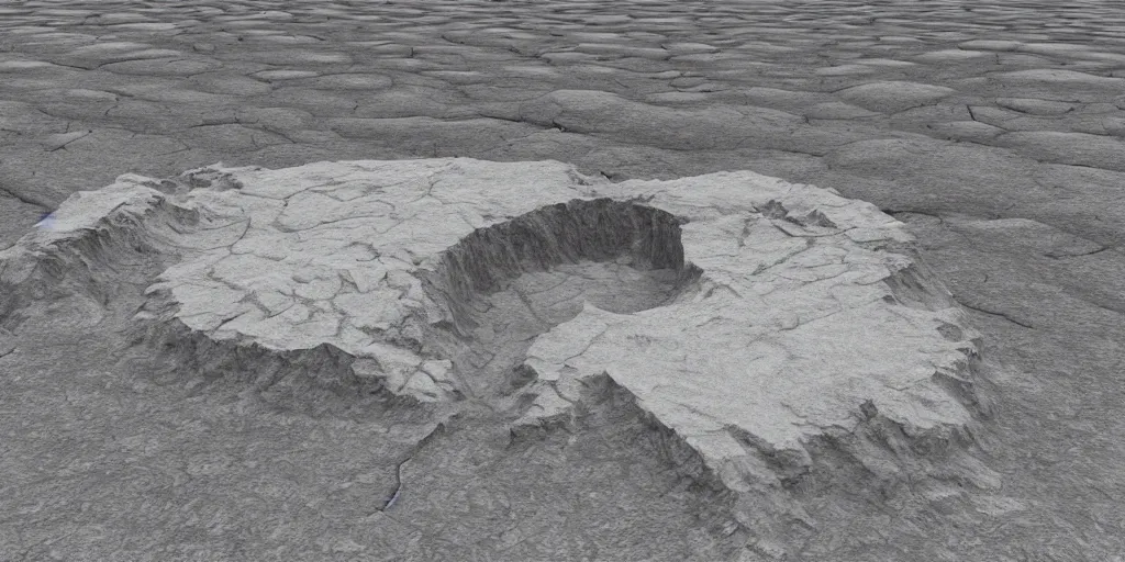 Prompt: an isolated volacanic feature in the middle of the vast dried out lake plain, rendered in bryce 3 d, 1 9 9 7, orthographic perspective