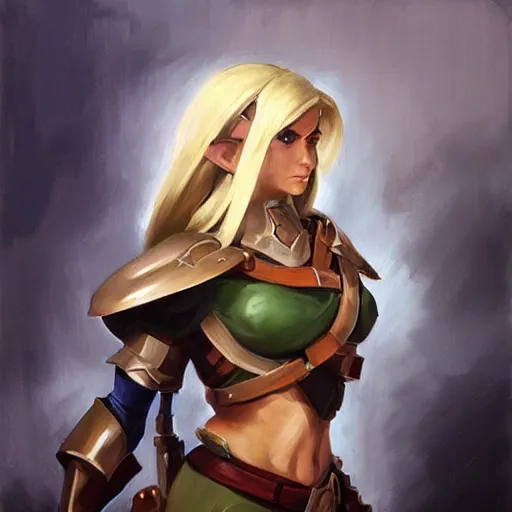 Image similar to greg manchess portrait painting of armored female link from legend of zelda as overwatch character, medium shot, asymmetrical, profile picture, organic painting, sunny day, matte painting, bold shapes, hard edges, street art, trending on artstation, by huang guangjian and gil elvgren and sachin teng