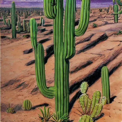 Prompt: Cactus man strikes again, concept art by James Gurney.