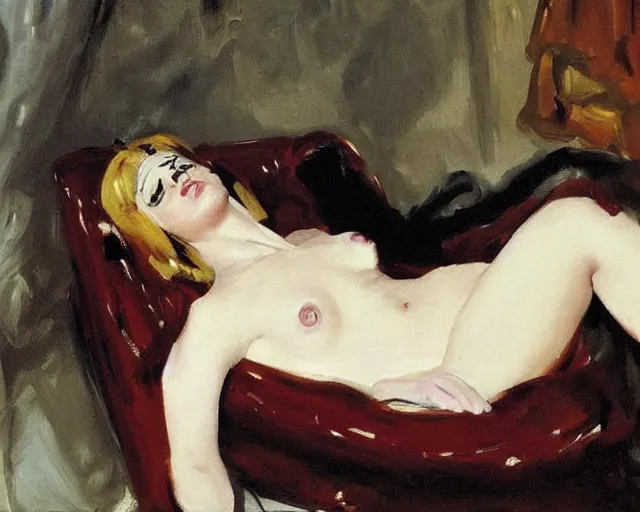 Prompt: A punk girl lying on a sofa, cinematic lighting, oil painting by John Singer Sargent