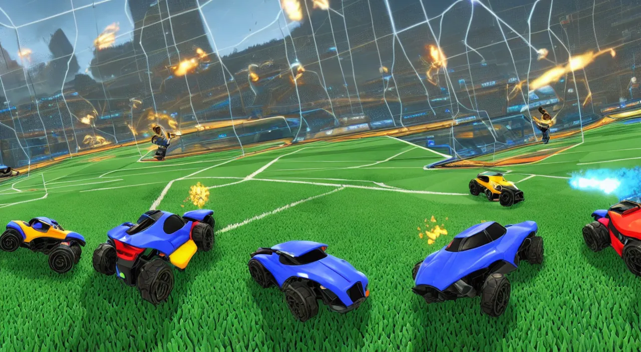 Image similar to a game of rocket league where the main characters from gta v are wandering across the field