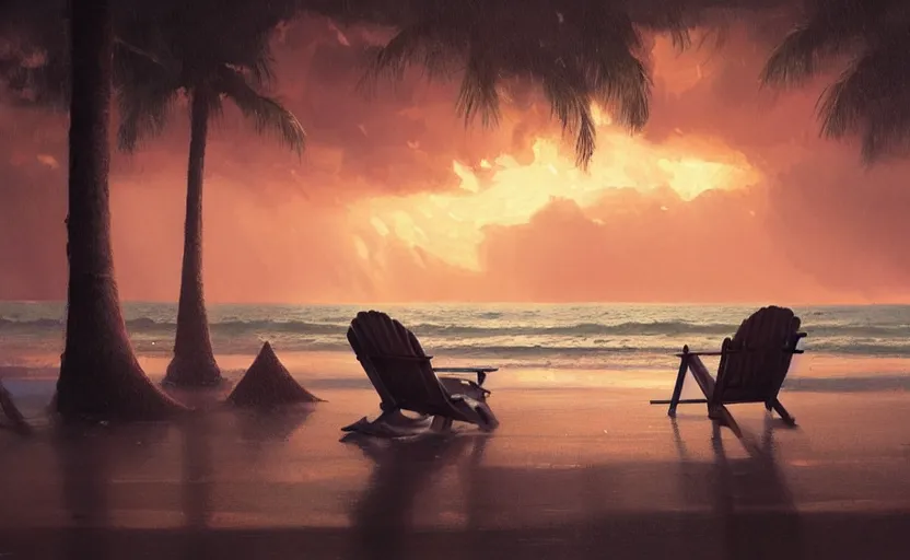 Image similar to painting of a beach chair at sunset with heavy thunderstorm in background, natural light, concept art, by greg rutkowski, cozy atmospheric and cinematic lighting