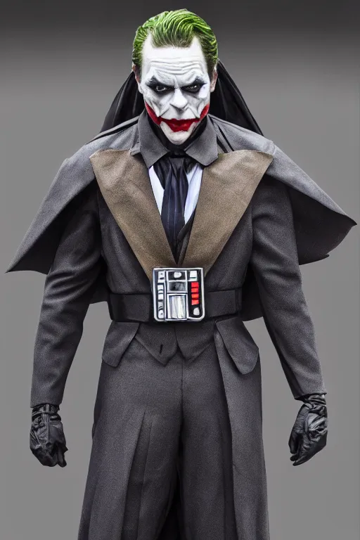 Prompt: Joker wearing vader's armor suit, realistic cosplay, full character, highly detailed, highly realistic, 4k