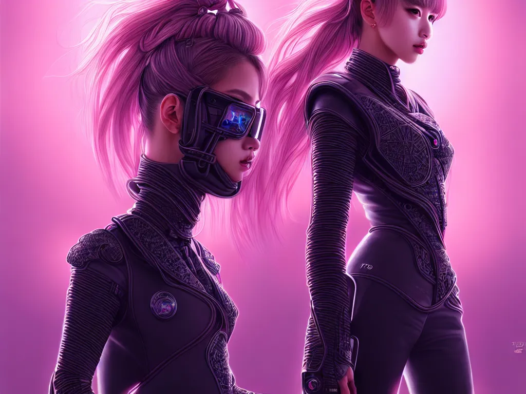 Image similar to portrait blackpink lisa, futuristic thiland police uniform female, at future neon light rooftop, ssci - fi and fantasy, intricate and very very beautiful and elegant, highly detailed, digital painting, artstation, concept art, smooth and sharp focus, illustration, art by tan zi and ayanamikodon and alphonse mucha and wlop