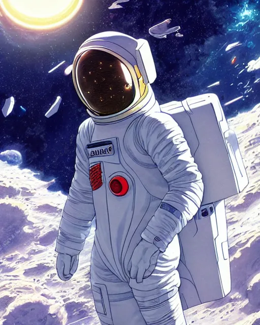 Image similar to astronaut with a damaged suit floating in space, desaturated colors, art by makoto shinkai and alan bean, yukito kishiro