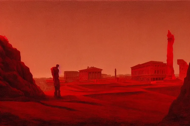 Image similar to only with red, caesar after war, a red tiger, in hoc signo vinces, rome in background, an ancient path, in the style of beksinski, part by hopper, part by rodcenko, part by hofbauer, intricate composition, red by caravaggio, insanely quality, highly detailed, masterpiece, red light, artstation