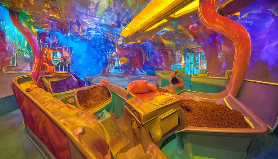 Image similar to 1990s photo of inside the Garfield's Lava Lamp ride at Universal Studios in Orlando, Florida, riding a litter box through a lasagna world, cinematic, UHD