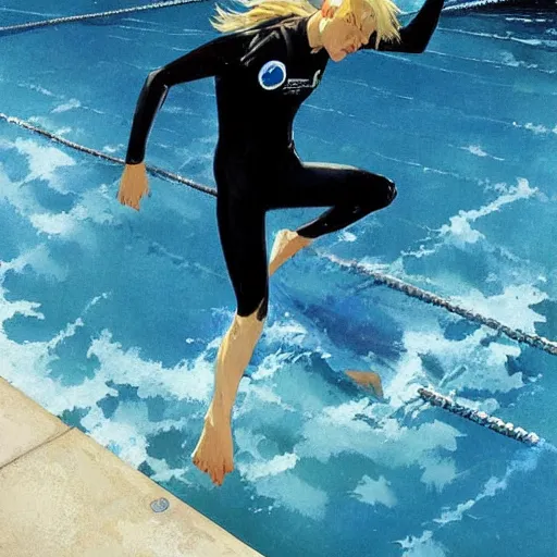 Prompt: a blond lifeguard in a wetsuit jumping into the pool. Makoto shinkai. Repin. Phil Hale