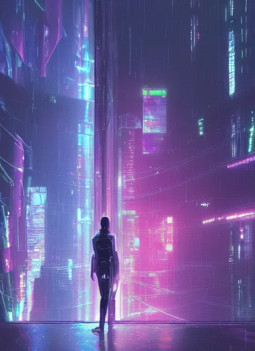 Image similar to one cyber godly person made of cosmic nebula galaxy energy watching a rainy colorful complex cyberpunk futuristic holographic city from behind at night through a window in a room, reflections, 8 k, photorealistic, concept art, wet, highly detailed, cinematic mood by ridley scott, ghost in the shell, trending on artstation, glowing and epic