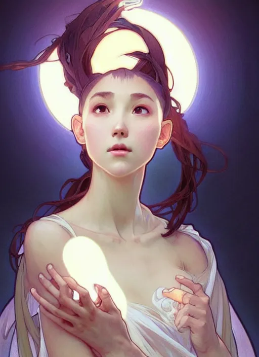 Image similar to digital character concept art by artgerm and greg rutkowski and alphonse mucha. clear portrait of a young wife blessed by god to uncontrollably become overwhelmingly perfect!! asian, fully clothed!!!, super feminine holy body!! light effect. hyper detailed, glowing lights!! intricate, elegant, digital painting, artstation, smooth, sharp focus