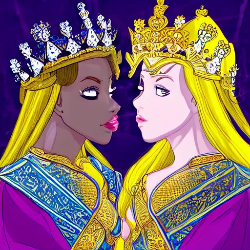 Image similar to a scene of two beautiful queens facing each other in front of a throne, symmetrical faces, detailed anime art