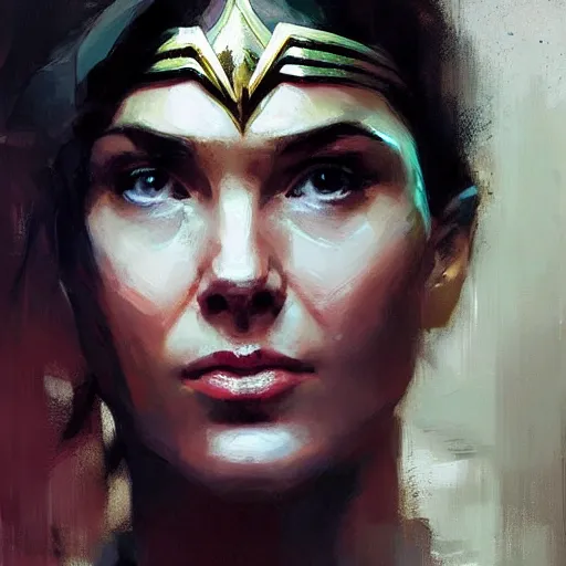 Prompt: face protrait of wonder woman, realistic, ultrahd, jeremy mann painting