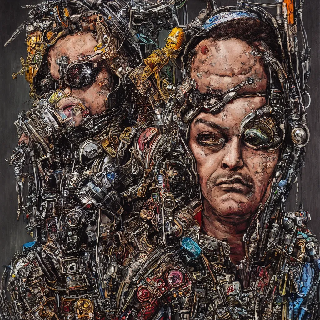 Image similar to A dramatic full-color cyberpunk art nouveau styled bust portrait of philthy animal taylor as a futuristic space punk rebel drum soldier, hyperdetailed mixed media artwork combining the styles of Travis Charest, Michael Whelan, Chris Achilleos and Sam Kieth, wild power, stoicism, pessimism, confident shaded eyes, tarnished and rusted metal, wrought iron architecture, perfectly symmetrical facial features, 8k, deeply hyperdetailed, cinematic lighting, realistic mechanical details, 8k, UHD, HDR