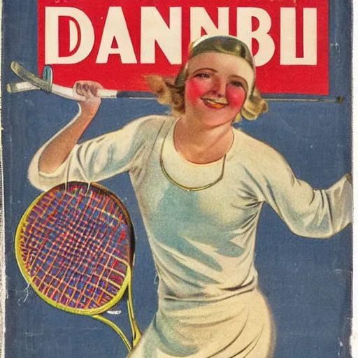 Image similar to a 1 9 2 8 cover of a danish magazine. happy, healthy, beautiful, smiling, young, sporty, glowing woman in decent athletic wear playing tennis. realistic detailed color drawing