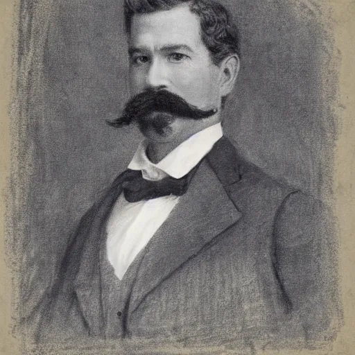 Image similar to portrait of an action hero, suit, bow tie, mustache, by alfred stevens in charcoal