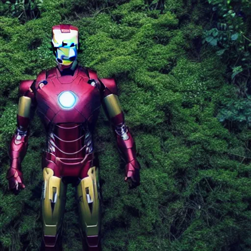 Image similar to abandoned iron man suit, overgrown and covered in vines, 4k realistic photo