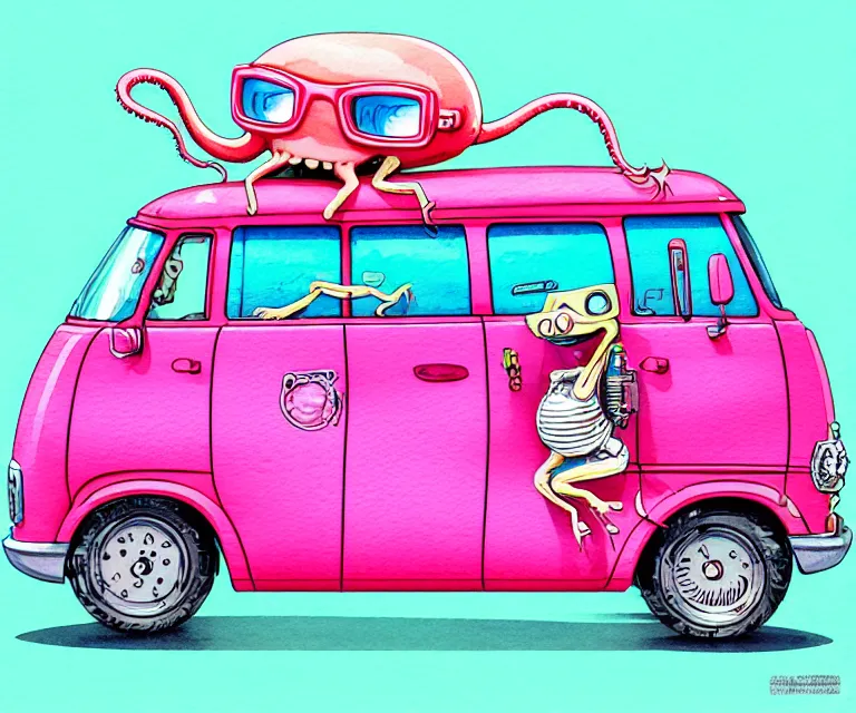 Image similar to cute and funny, pink colored squid wearing goggles riding in a tiny hot rod van with oversized engine, ratfink style by ed roth, centered award winning watercolor pen illustration, isometric illustration by chihiro iwasaki, edited by range murata, tiny details by artgerm and watercolor girl, symmetrically isometrically centered