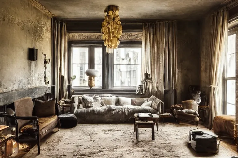 Prompt: early morning in a tastefully decorated living room with dark luxurious furnishings, and a mix of antique and modern furniture, and a mix of concrete and wood finishes, soft focus cinematic still, dark dreamy golden dappled light