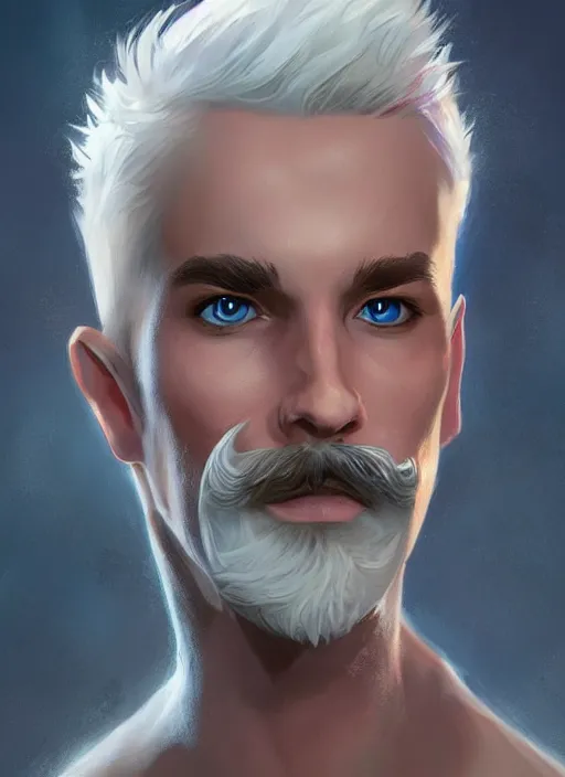 Image similar to young man with short white hair and moustache, dndbeyond, bright, colourful, realistic, dnd character portrait, full body, pathfinder, pinterest, art by ralph horsley, dnd, rpg, lotr game design fanart by concept art, behance hd, artstation, deviantart, hdr render in unreal engine 5