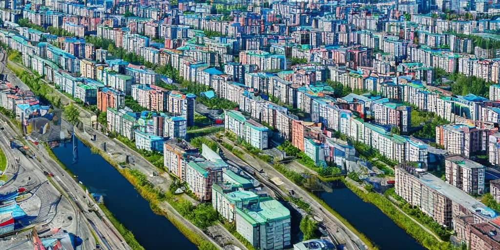 Image similar to bird's eye view photograph of a low income highrise Russian city, apartments, train station, pond, wide roads