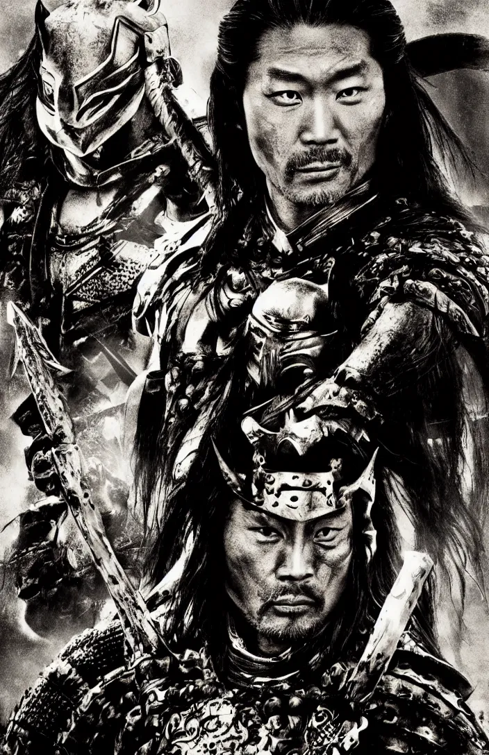 Image similar to movie film poster art for samurai vs predator film shot in feudal japan staring hiroyuki sanada. in the style of ansel adams, frank frazzetta, warcraft