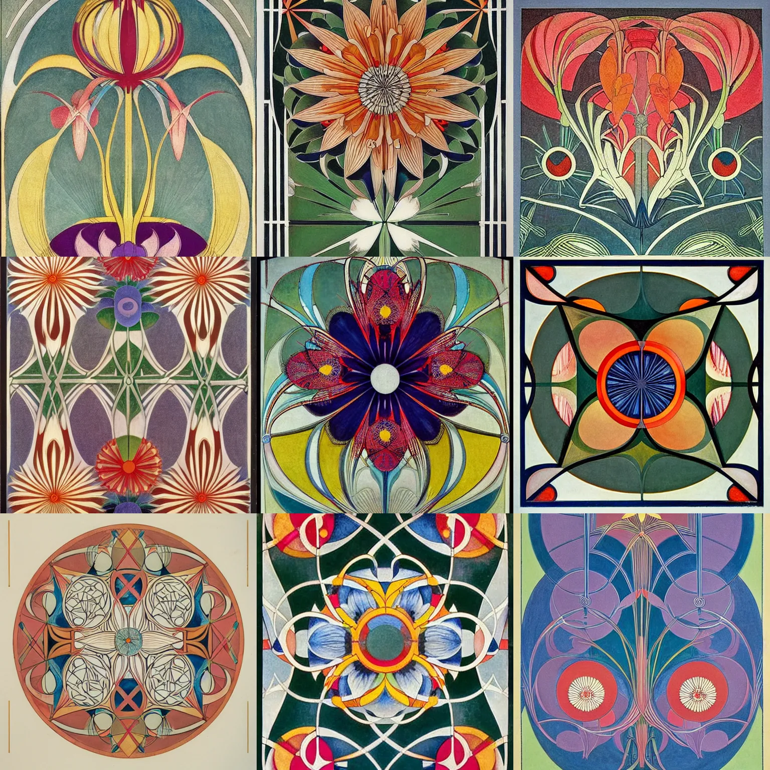 Prompt: flower ( ( ( art deco ) ) ) ( ( art nouveau ) ) ( ( ( bauhaus ) ) ), intricate detail, sharp focus, ( colorful ), ( symmetrical ), by ( hilma af klint ) and escher and hokusai and ( botticelli ) and frank lloyd wright and ( james jean )