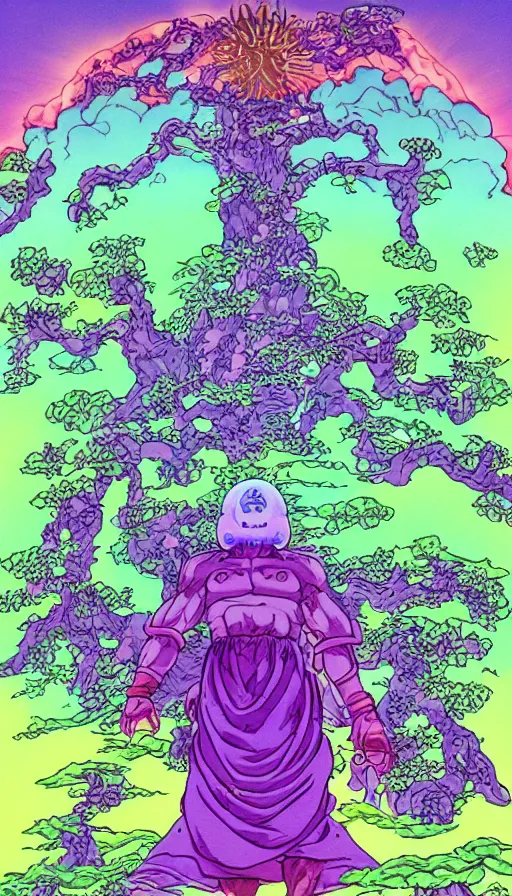 Image similar to a future scifi ancient god on the middle of a purple forest holding a portal that's about to explode, illustration, art by Akira Toriyama