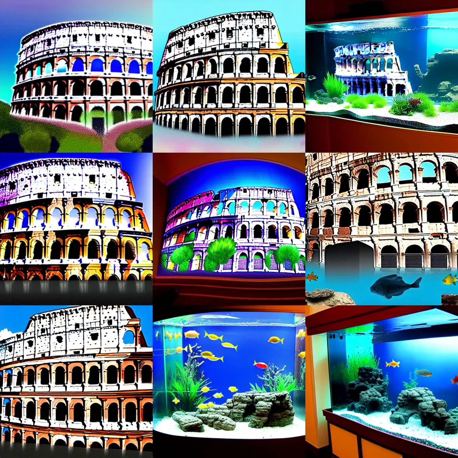 Prompt: Photo of an Aquarium in the shape of the Colosseum