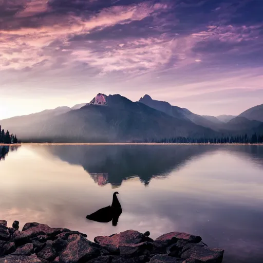 Image similar to photo of two black swans swimming in a beautiful reflective mountain lake, touching heads, forming a heart with their necks, a colorful hot air balloon is flying above the swans, hot air balloon, intricate, 8k highly professionally detailed, HDR, CGsociety