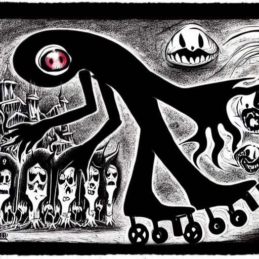 Image similar to black and white trippy comic art depiction of dracula roller skates, vampire, roller skates, vampire, rollerskates, drawn by martin rowson, tim burton, alex pardee, nekro petros afshar, cgsociety, awesome, cool, detailed, intricate ink, 4 k
