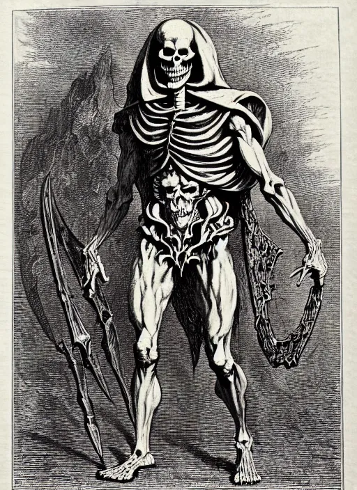 Image similar to illustration of motu's skeletor as a demon from the dictionarre infernal, etching by louis le breton, 1 8 6 9, 1 2 0 0 dpi scan, ultrasharp detail, clean scan