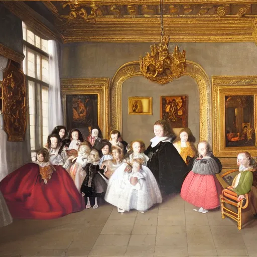 Image similar to super quality family portrait in the main room of the castle painted in 1 6 5 6, dark room, one point of light coming through the back door inspired by las meninas, clear spaces between each subject and good detail and realistic eyes, faces for each person in the canva, inspired by diego velasquez baroque style