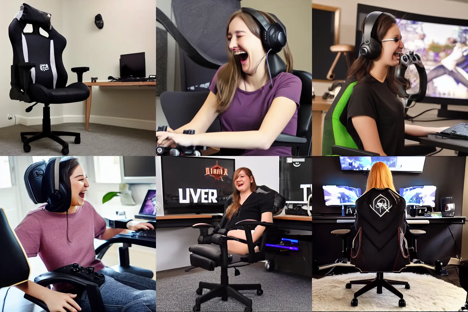 Prompt: egirl sitting on her gaming chair laughs on Twitch stream