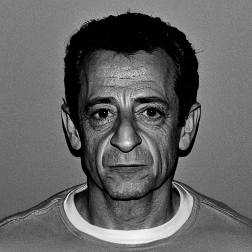 Image similar to mugshot portrait of Nicolas Sarkozy, heavy grain, high contrast black and white, low quality video camera security night vision