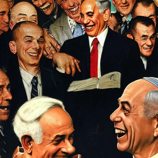 Image similar to benjamin netanyahu laughing and pointing at screen, by norman rockwell