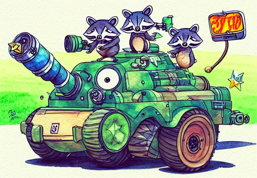 Prompt: cute and funny, racoon riding in a tiny tank with large cannon, ratfink style by ed roth, centered award winning watercolor pen illustration, isometric illustration by chihiro iwasaki, edited by range murata