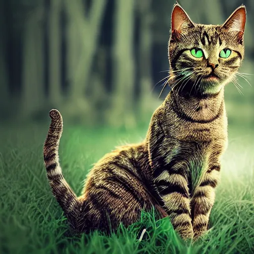 Image similar to a highly detailed cat made entirely of sticks, standing in a clearing in a forest. There is a ray of sunlight shining on it. Faded colors, calm, green feelings