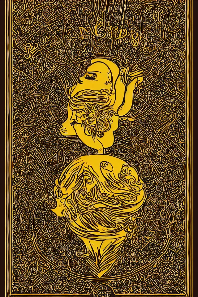 Image similar to melancholic persian typographic poster, vintage, graphic design, impactful, elegant, masterpiece, emotional fonts, golden, tarot card,trending on artstation