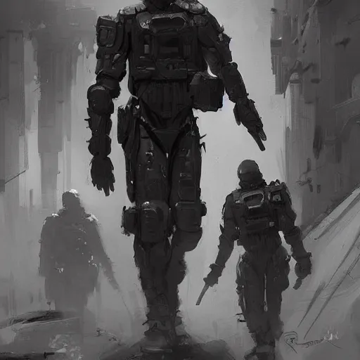 Image similar to concept art by greg rutkowski, soldiers wearing futuristic white and black tactical gear, preparing for combat, brutalist futuristic interior, dim lighting, detailed portraits, nostalgic atmosphere, scifi, digital painting, artstation, concept art, smooth, sharp foccus ilustration, artstation hq