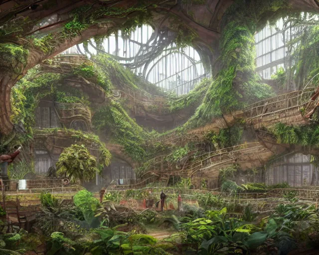 Prompt: Matte painting of the interior view of giant botanical museum. Biological architecture. Fantastical biopunk, detailed digital art trending in artstation