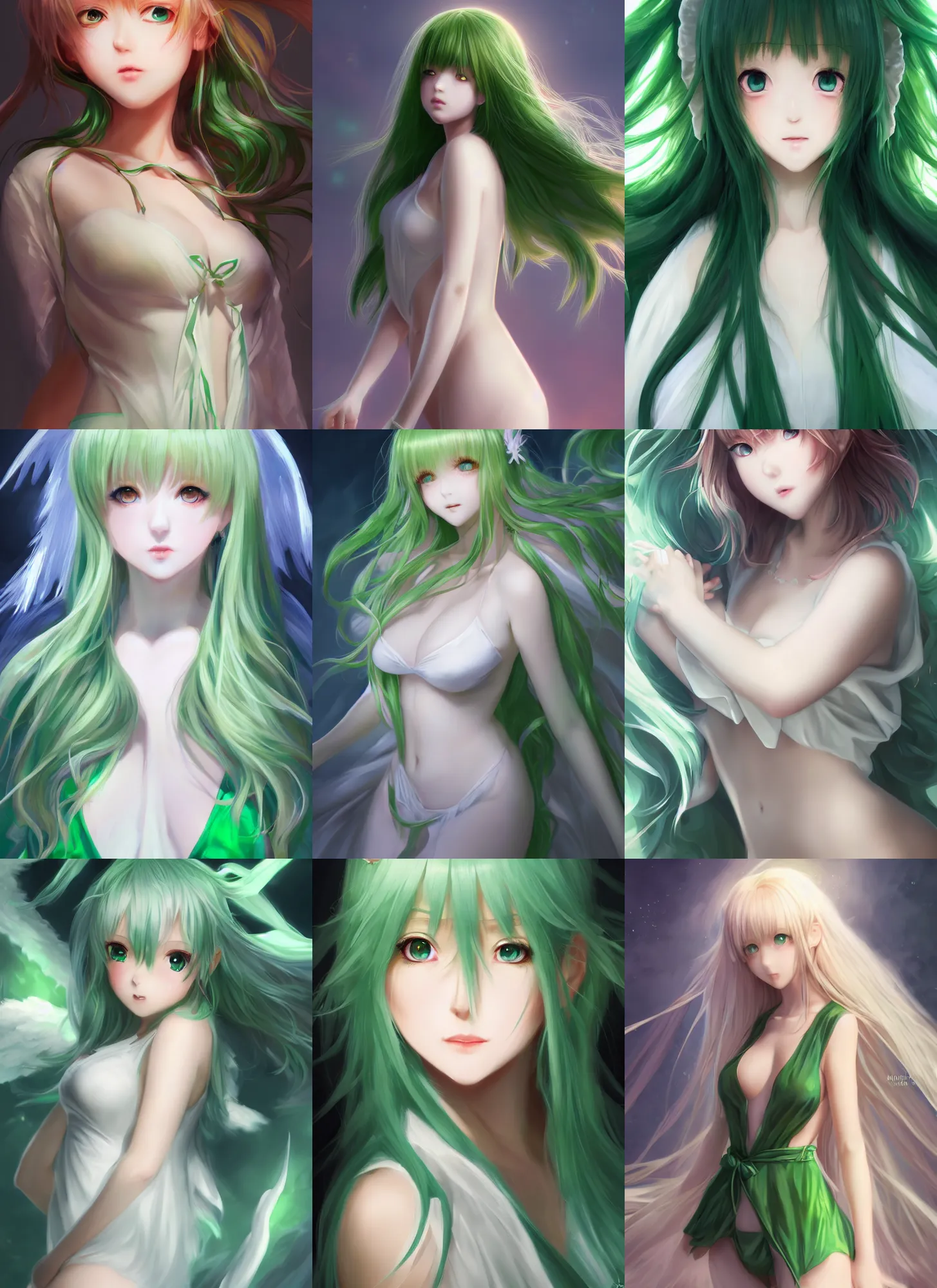 Prompt: detailed full body portrait of innocent angel, anime, green hair, transparent robe, beautiful, pretty face, white eyes, curvaceous, dreamy aesthetic, 4 k, sun yunjoo, ultra realistic, aura of light, cinematic lighting, highly detailed, sharp focus, artstation, masterpiece, art by hyungjin yang