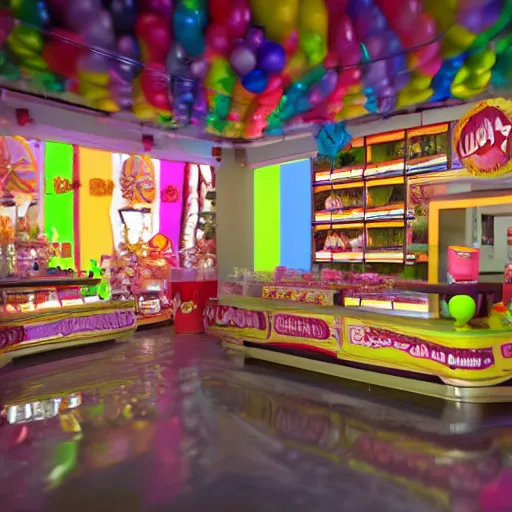 Image similar to Ultra hyperreal, 3D Octane render, Jimmy Neutron at a Candy store