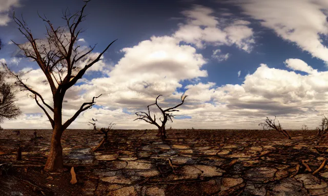 Image similar to panorama of a cloudless rain above a dried up river in a desolate land, dead trees, blue sky, hot and sunny, big raindrops, highly-detailed, elegant, dramatic lighting, artstation, 4k, cinematic landscape, photograph by Elisabeth Gadd