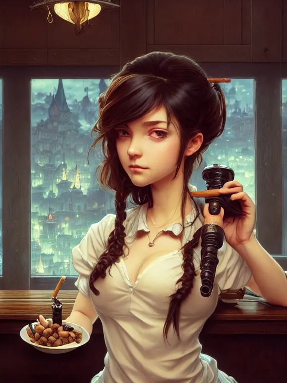 Prompt: full body picture of a girl with tobacco pipe in the bar rounge, bored, beautiful and aesthetic, intricate, unreal engine, messy hair, highly detailed, detailed face, smooth, sharp focus, chiaroscuro, manga illustration, artgerm, greg rutkowski, ilya kuvshinov, rossdraws, alphonse mucha, young adult light novel cover art