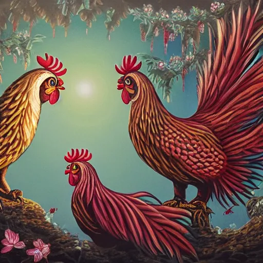 Prompt: hybrid bird cross between rooster and an owl detailed oil painting luminescent magical realism 4 k